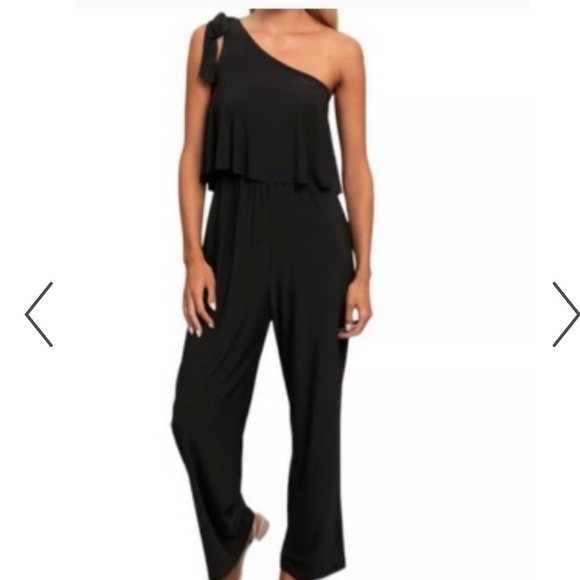 Emma & Michele Pants - Emma & Michele Black One Shoulder Jumpsuit Wide Leg Whimsigoth Coquette Sz Small